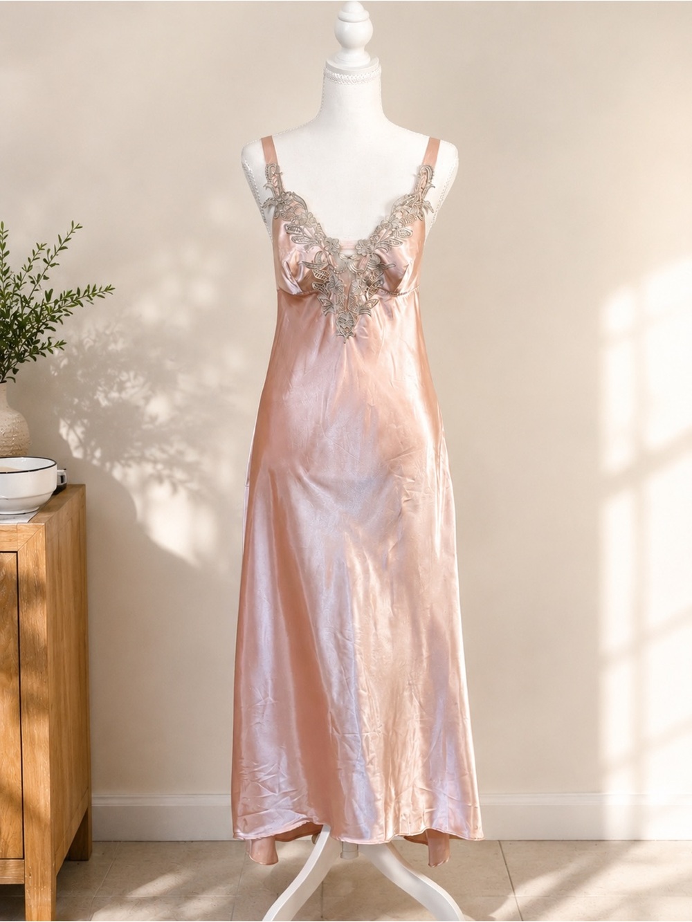 Flora Nikrooz Pink Satin Lace Maxi Nightgown Small